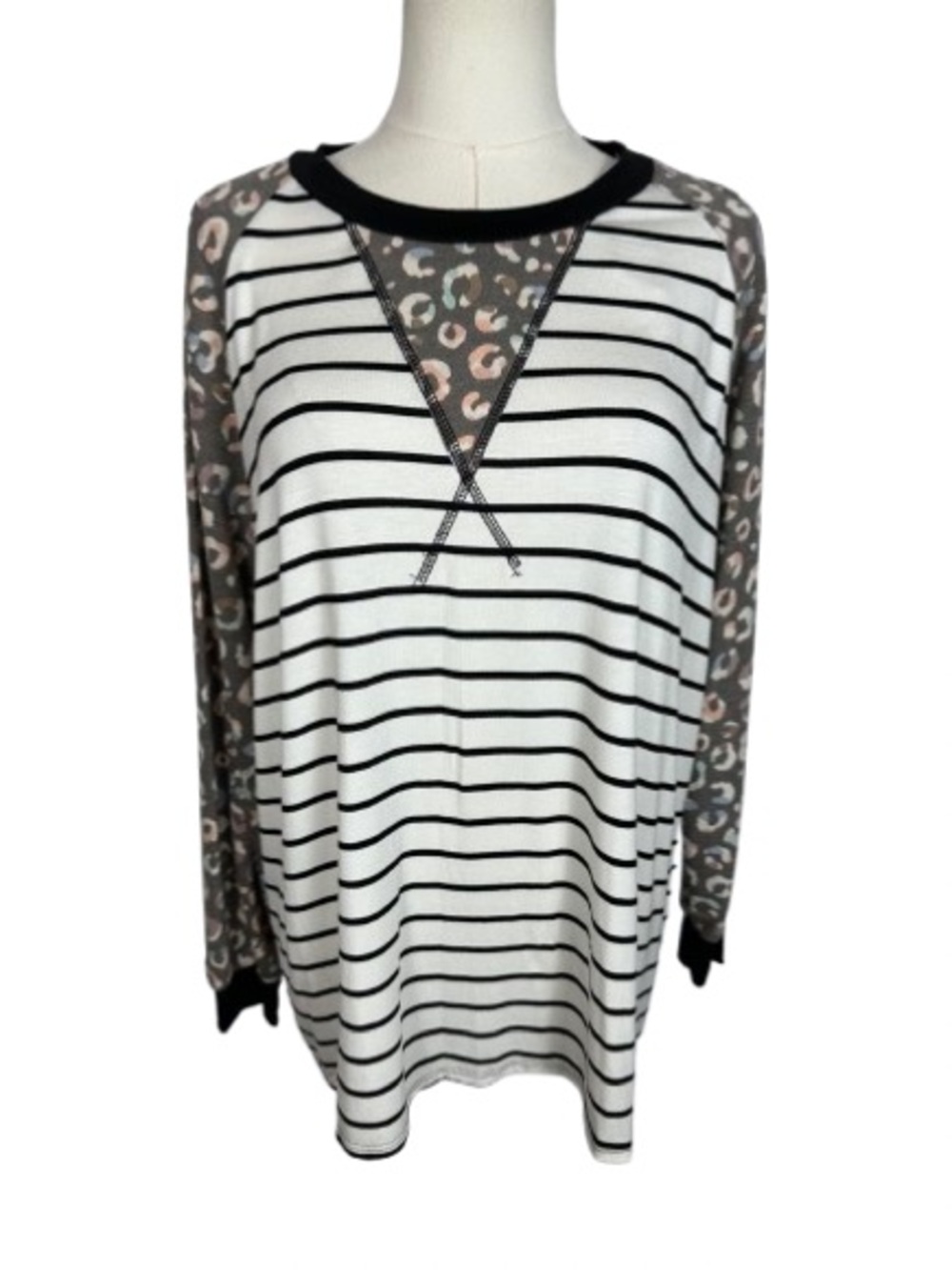 Haptics Striped Long-Sleeve Raglan Top with Leopard Accent - White & Gray Size M